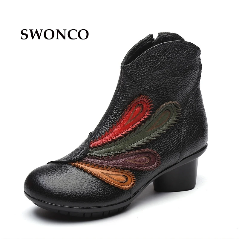 

SWONCO Women's Boots 2018 Autumn Winter Genuine Leather Low Heel Handmade Ladies Boot Genuine Leather Boots Women Vintage Shoes