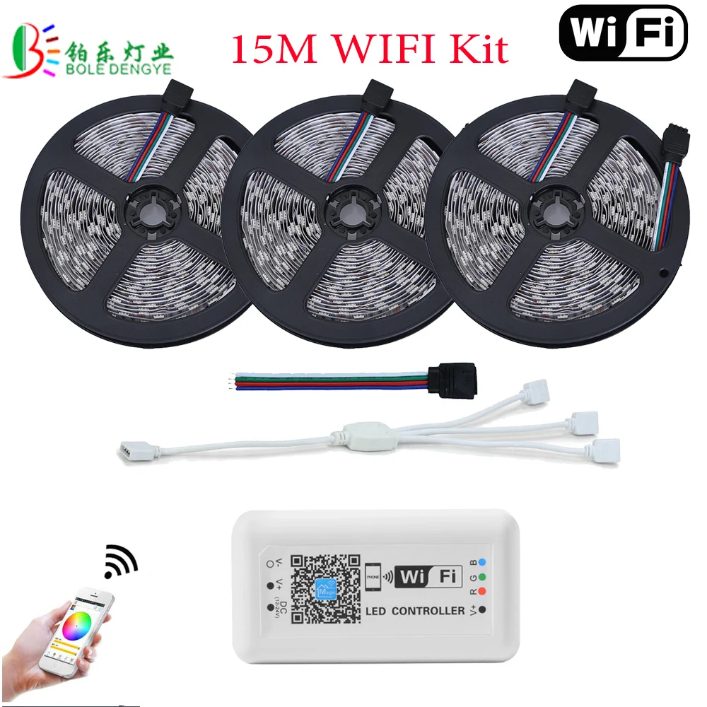 

5050 LED WIFI RGB LED Strip 15M Tape Light Non Waterproof 5M 10M RGB 60LED/M Wireless WIFI Control Smart Phone Controller