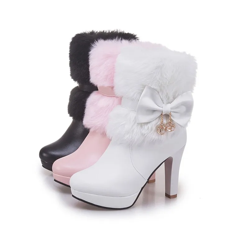 Women Boots Autumn Winter Warm Fur New Sweet Pu Butterfly-knot Mid-calf Snow Boots Black Pink White High-heeled Shoes MAZIAO