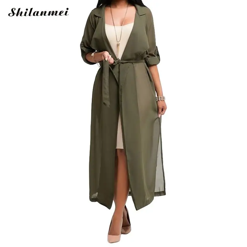 Women Transparent Loose Shirt Chiffon Long Blouse Kimono Cardigan Long Sleeve Women Blouse Tops with Belt Blouses Autumn 2019