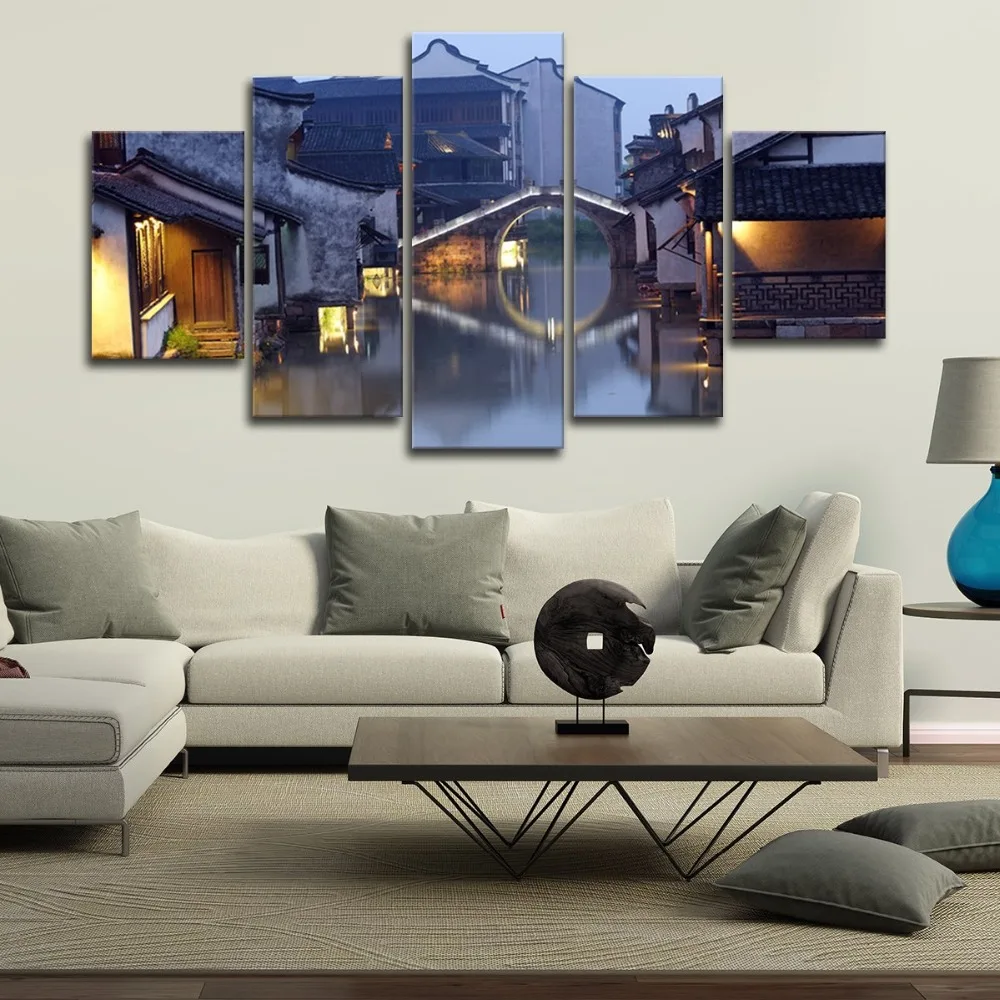 Home Decor Living Room Frame 5 Pieces Retro House And Bridge Scenery