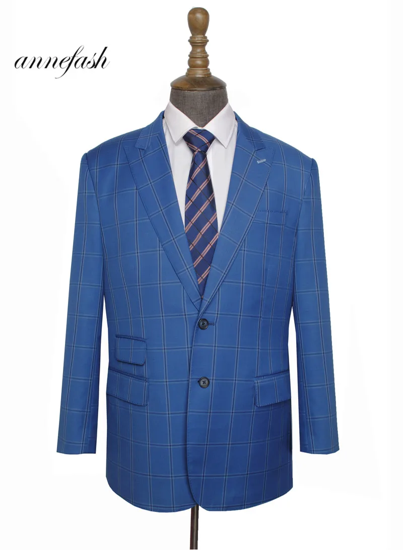 Made high quality 150's worsted wool blue windowpane check Men Suit for wedding business causal suit