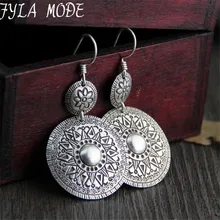 Mulheres da Antiguidade Do Vintage 925 Prata Tailandesa Esculpido Emboss Flor Gota Dangle Brincos Belas Qualidade Jóias Acessório 32*45 MM 14.30G