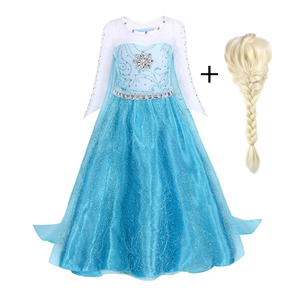 Платье Эльзы; одежда с длинными рукавами; костюм принцессы Снежной Королевы для девочек; Детский карнавальный костюм на Хэллоуин; вечерние платья принцессы с волосами - Цвет: Dress 01 with hair