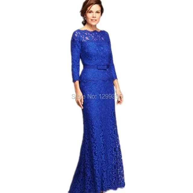 Long Mermaid Royal Blue Lace Mother Of The Bride Dress With Three Long Mermaid Royal Blue Lace Mother Of The Bride Dress With Three Quarter Sleeves Prom Evening