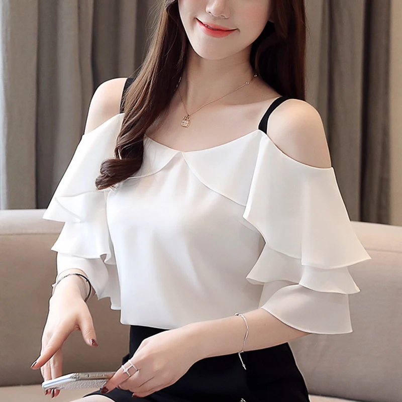 

2019 Summer new Women's tops and blouses blusas mujer de moda chiffon short sleeve Shirt Halter Collar Slim women clothing