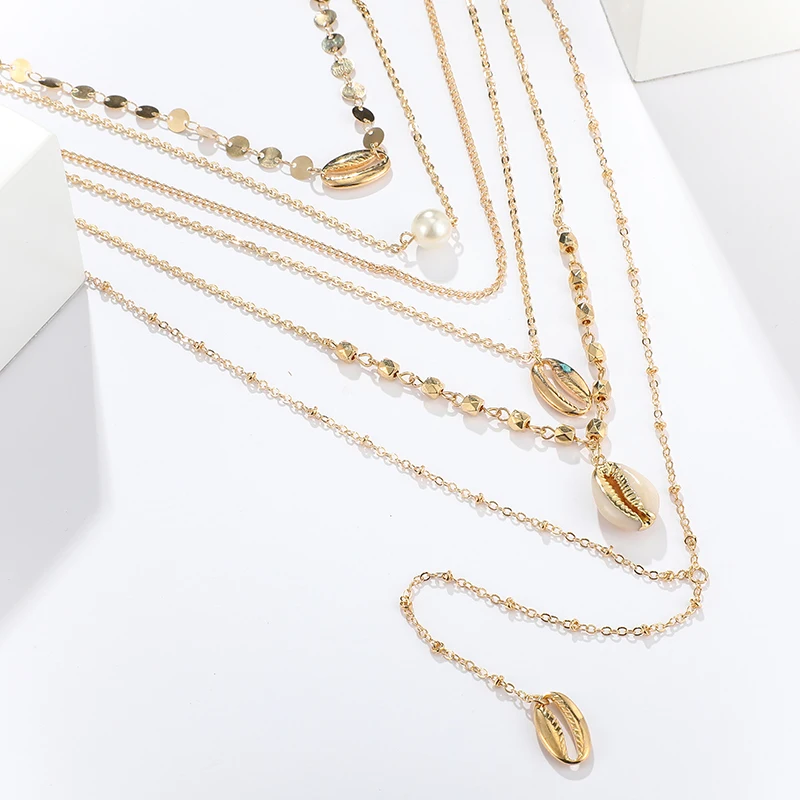 HuaTang Бохо золотые блестки оболочки жемчужное ожерелье s для женщин геометрическое многослойное ожерелье в виде цепи, ювелирные изделия воротник C19208