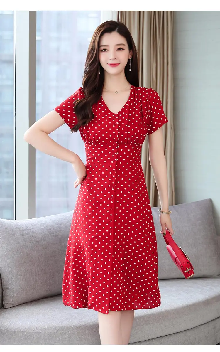 Летнее винтажное шифоновое сексуальное платье-рубашка миди с v-образным вырезом корейское женское элегантное облегающее платье в горошек богемный пляжный сарафан вечерние красные платья