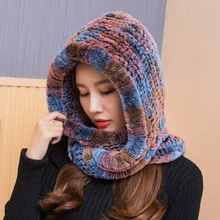 ZDFURS * mujeres 2018 tejida auténtica gorro de piel de conejo Rex bufanda con capucha largo invierno cálido sombrero de piel con cuello bufandas