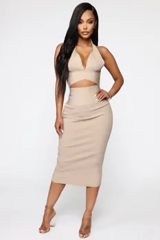 

2 Piece Set New Women 2019 Summer Sexy Deep Halter Backless Party Bandage Dress Knee-Length Club Dress Vestidos