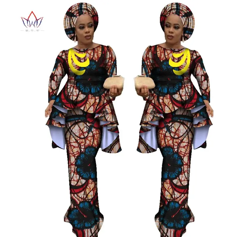 Африканский стиль Базен Riche платья для женщин комплект из двух предметов Женские топы с длинными рукавами и длинная африканская юбка с принтом размера плюс WY2488