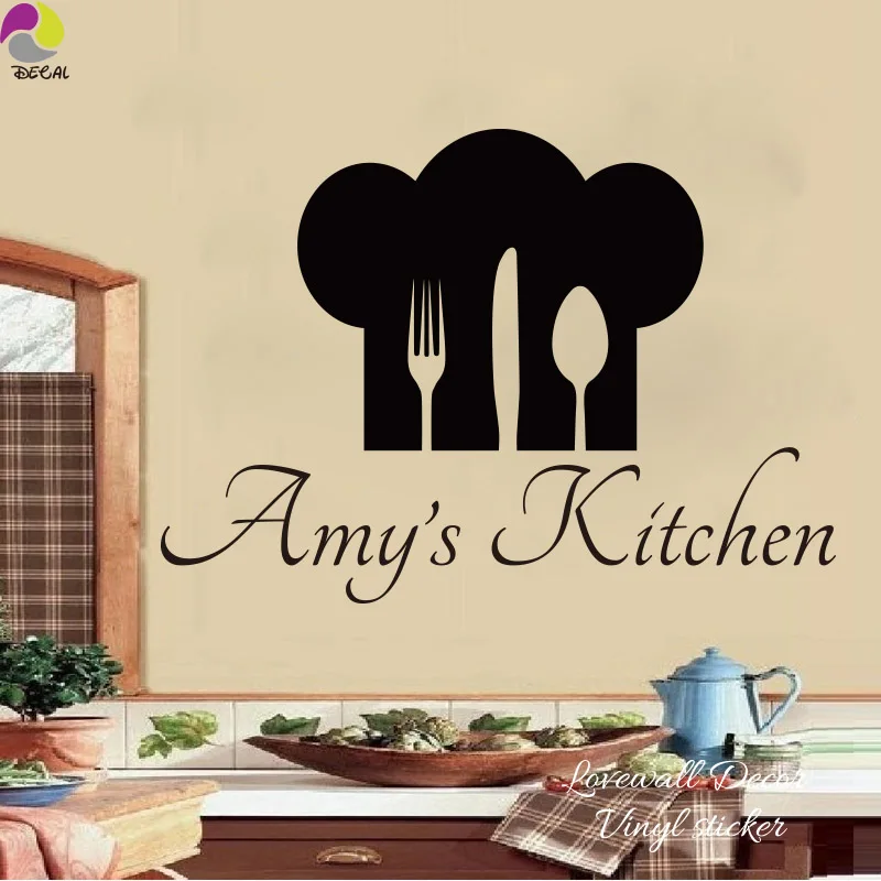 Personalized Name & Chef Hat Utensils Kitchen Wall Sticker Cuision Cook Dining room Custom Name Decal Vinyl Home Decor