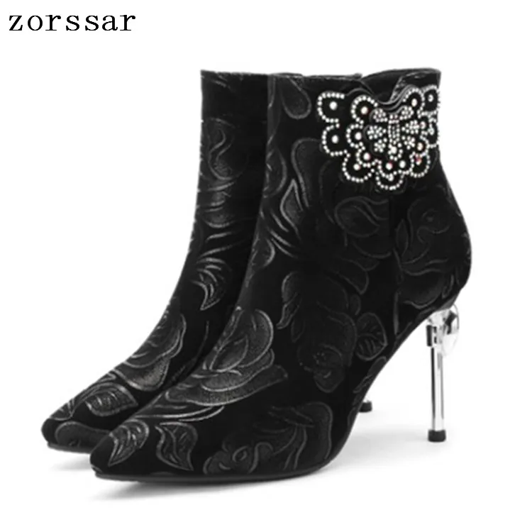 

{Zorssar} Plus Size 33-41 Sexy Thin heels Women Ankle Boots Winter Suede leather Fashion Rhinestone Female Booties Banquet shoes