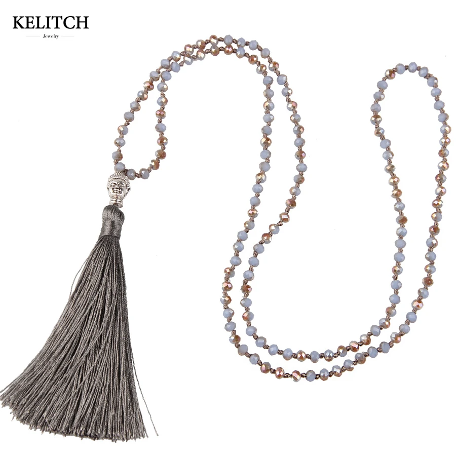 

KELITCH Collier Necklace Jewelry 1Pcs Shiny Crystal Beaded Grey Tassel bohemian necklace Buddha Handmade Chain Pendant Necklace