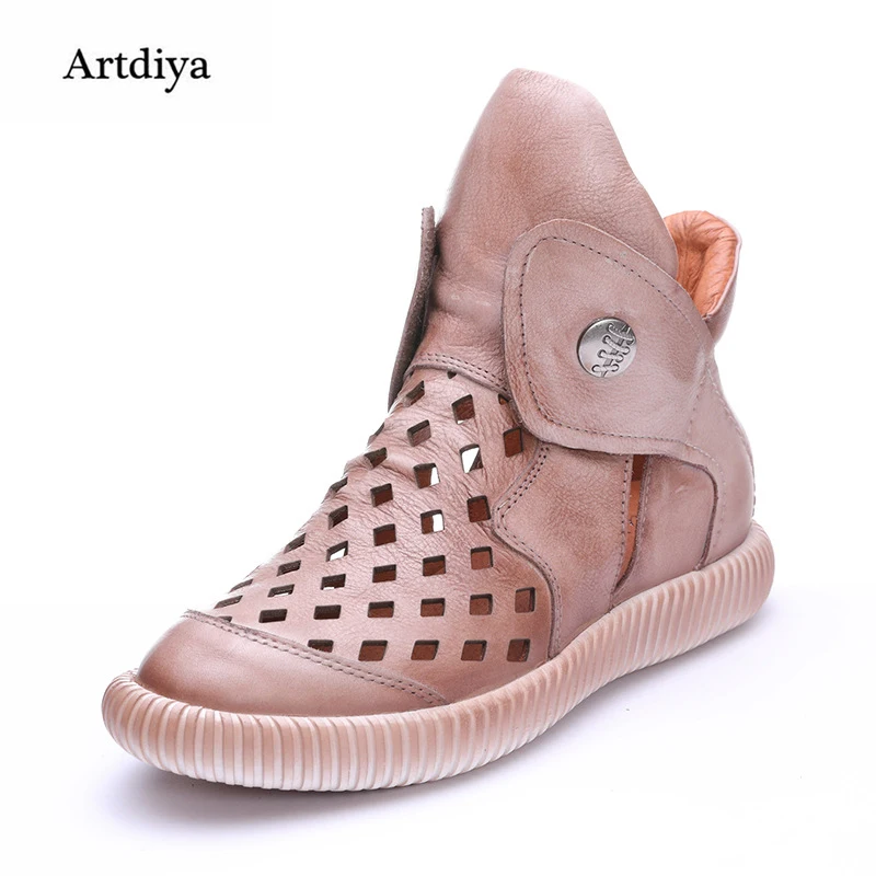 

Artdiya Summer New Genuine Leather Women Shoes Handmade Hook and Loop Diamond Hollowed-out Flat Retro Round Toe Shoes FHC210-11