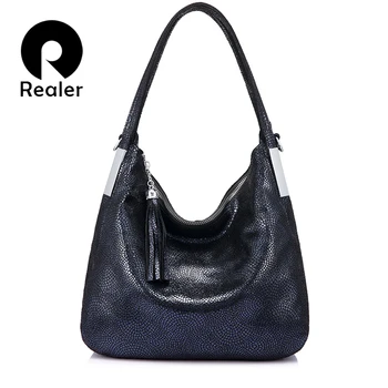 

REALER genuine leather women handbags female shoulder messenger bags high quality with tassel brands famous leather totes