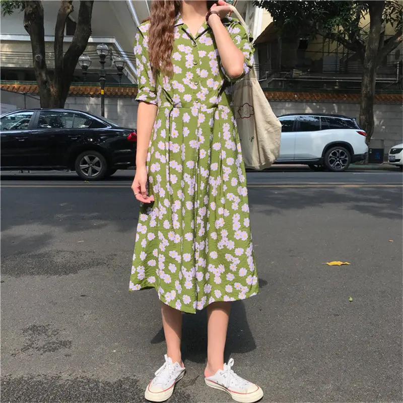 

Alien Kitty Women Vintage Stylish 2019 Print Floral Waist-Controlled Slim V-Neck Elegant Sweet Short Sleeves Free Green Dresses