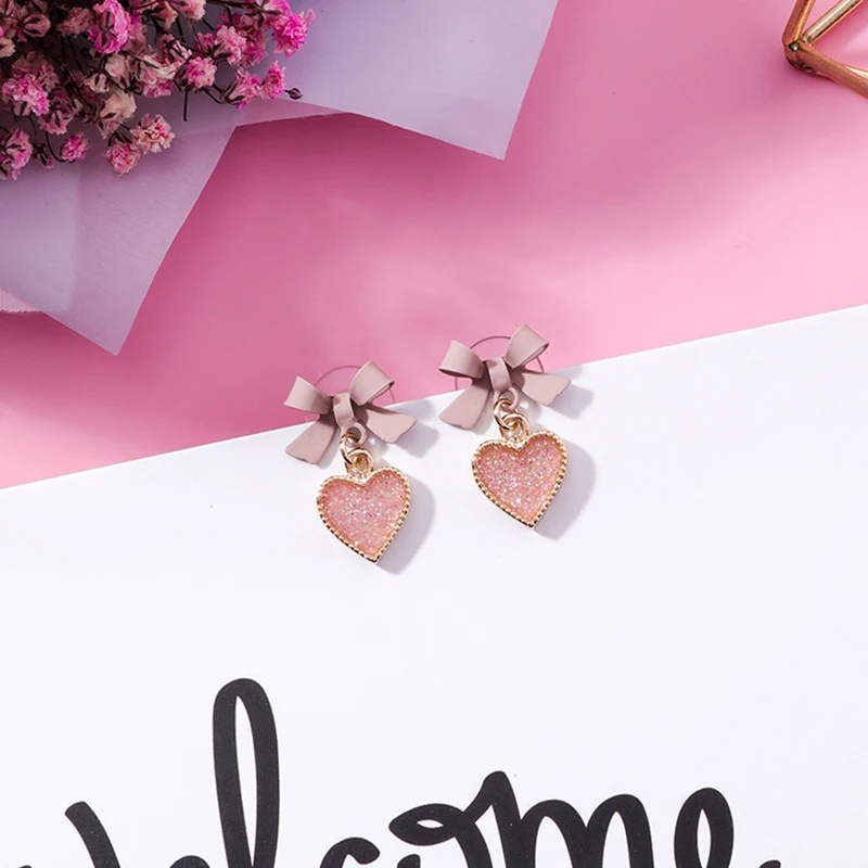 

2019 Korean New Pink Bowknot Love Heart Drop Earrings For Women Fashion Accessories Sweet Boucle D'oreille