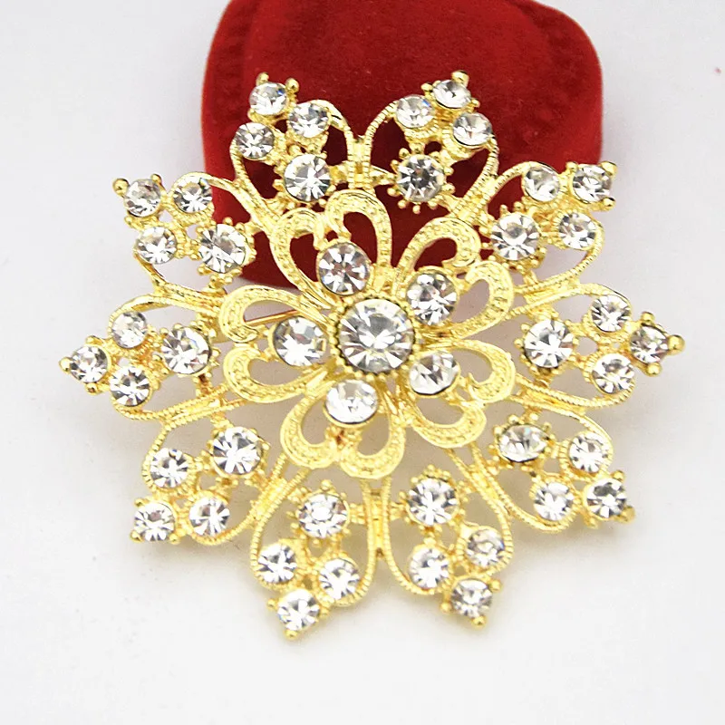Gold Color Alloy Clear Crystals Heart Flower Big Brooch Factory Cheap