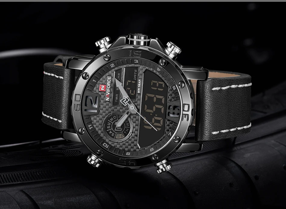 Мужские часы от роскошного бренда, мужские кожаные спортивные часы NAVIFORCE, кварцевые светодиодный цифровые часы, водонепроницаемые военные наручные часы 9134