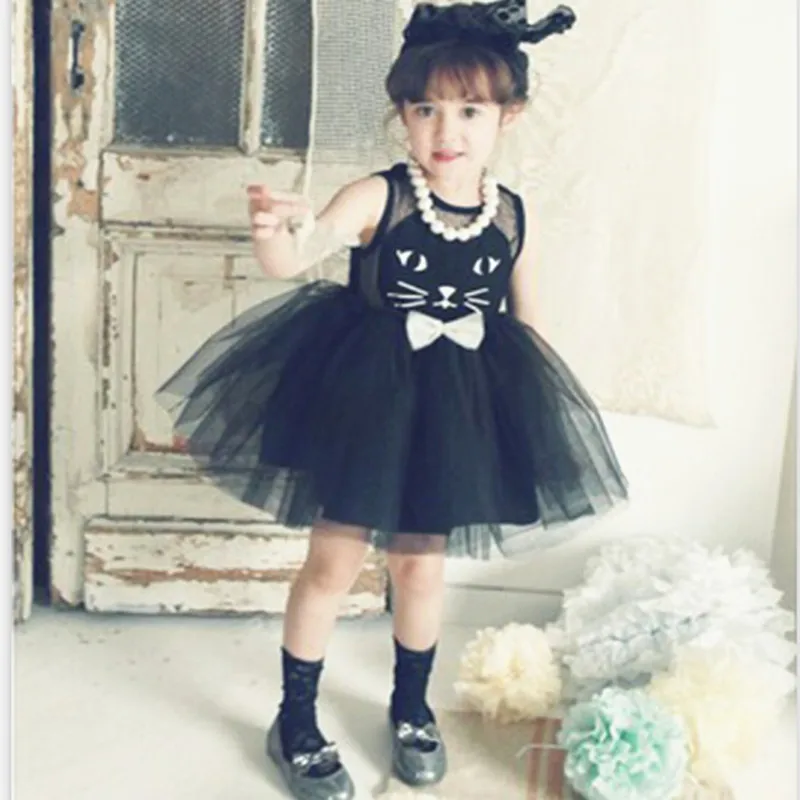 

2018 Brand Summer Girls Cartoon Cat Dress Girls Beautiful Sleeveless Princess Perform Party Lovely Voile Summer Dress Hot Sale