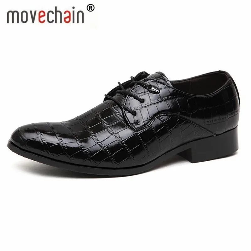 

movechain Fashion Mens Crocodile Grain Leather Lace-Up Dress Shoes Man Casual Wedding Party Flats Men's Business Derby Shoe