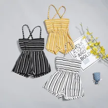 Детский Повседневный Комбинезон для девочек; комбинезон в полоску с принтом на бретелях; комбинезон без рукавов без спинки; Детский комбинезон для девочек; комбинезоны; Одежда для новорожденных