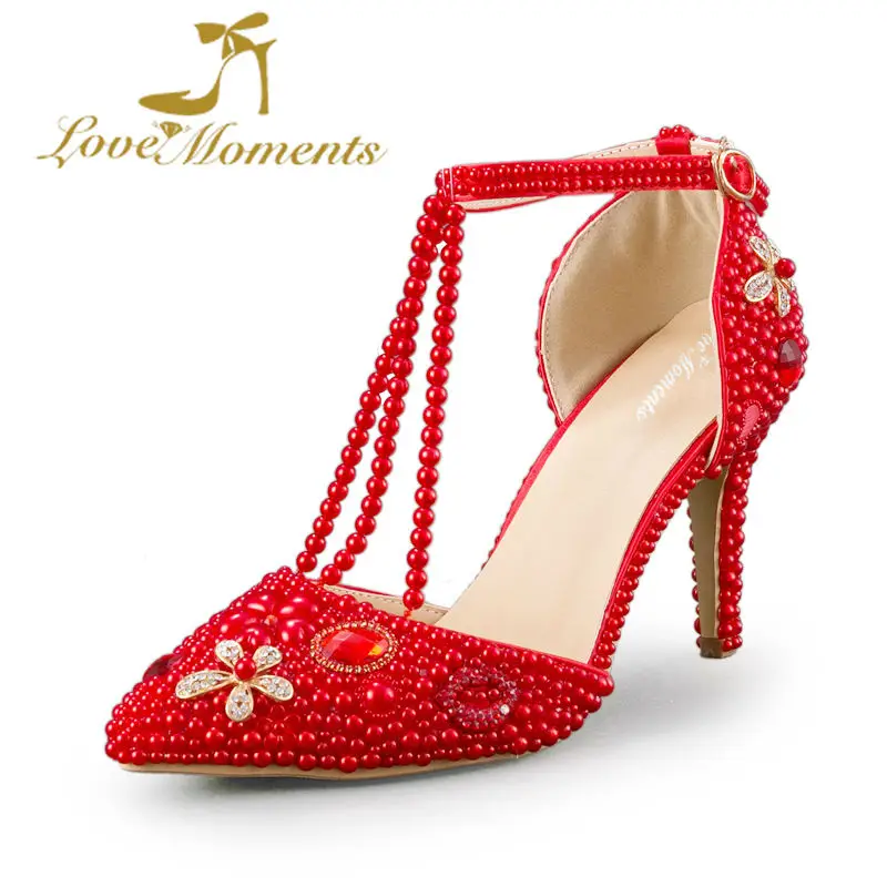 Red Imitation Pearl Bridal Dress Shoes 8cm High Heel Wedding Party