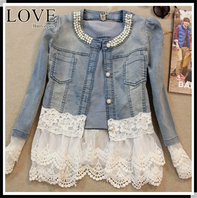 

[Lace Beading Jacket]Newest lace Jeans Coats Long Sleeve Light Blue Jacket jaqueta feminina jeans jacket women chaquetas mujer
