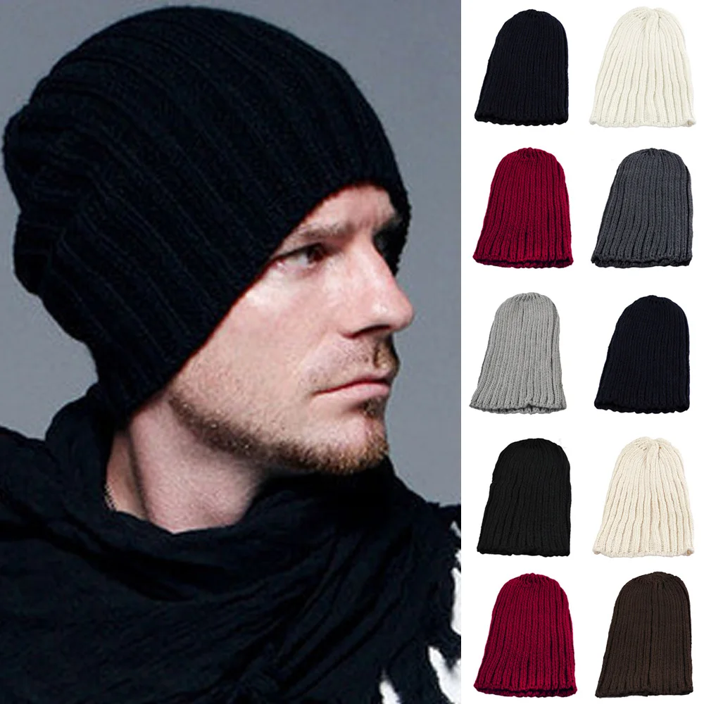 Men Winter Warm Stripe Knitted Crochet Slouch Baggy Beanie Hat Ski Driving Cap HATBD0006