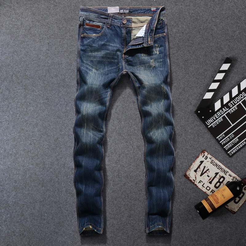 

Italian Style Retro Design Men Jeans Vintage Denim Stripe Jeans Leather Spliced Pockets DSEL Brand Straight Fit Biker Jeans Men