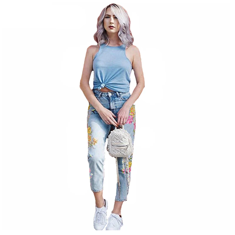 Women clothing high waist 3D floral embroidery ripped