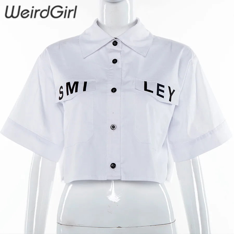 Weirdgirl/женские модные футболки из чистого хлопка с коротким рукавом и отложным воротником, белые вечерние футболки на пуговицах для клуба, уличная одежда для девушек, летняя офисная одежда