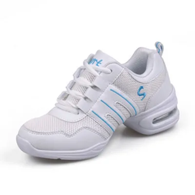 Спортивная обувь для фитнеса; мягкая подошва; дышащие танцевальные туфли; женские кроссовки для тренировок; тонкие современные танцевальные джазовые туфли - Цвет: white blue