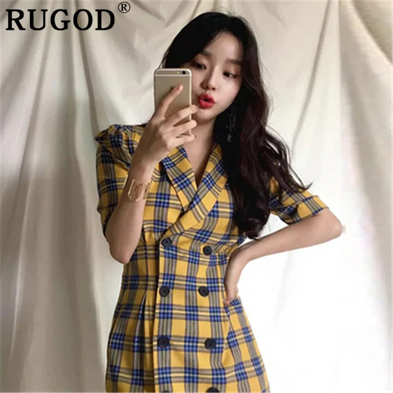 

RUGOD Korean plaid tunic women dress Fashion chic double breasted A-line mini dress office ladies wear 2019 elegant ladies dress