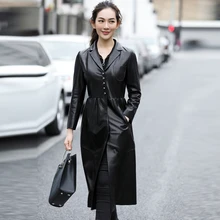 Ptslan High Quality Women Leather jackets Coat 2017 New Vintage Elegant Long Female Slim Leather Outwears