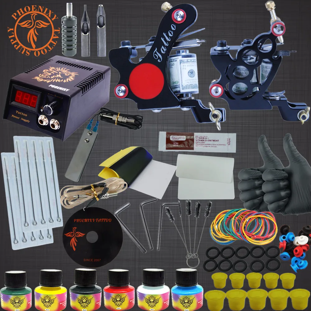 Tattoo Kits Liner Shader Machine Sets 6 Colors Black Tattoo Pigment