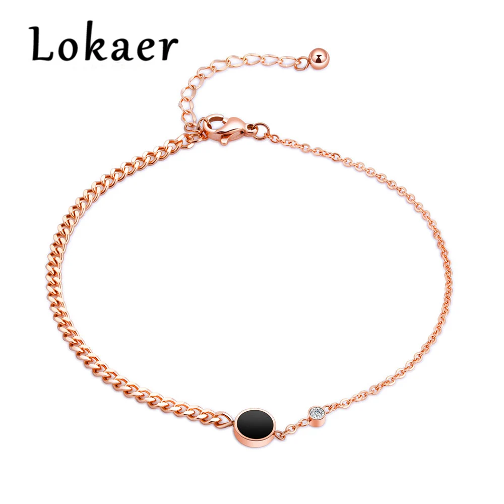 

Lokaer Trendy Rose Gold Color Love Black Circle Anklets For Women Titanium Steel Foot Link Chain Anklet Female Jewelry OGZ055