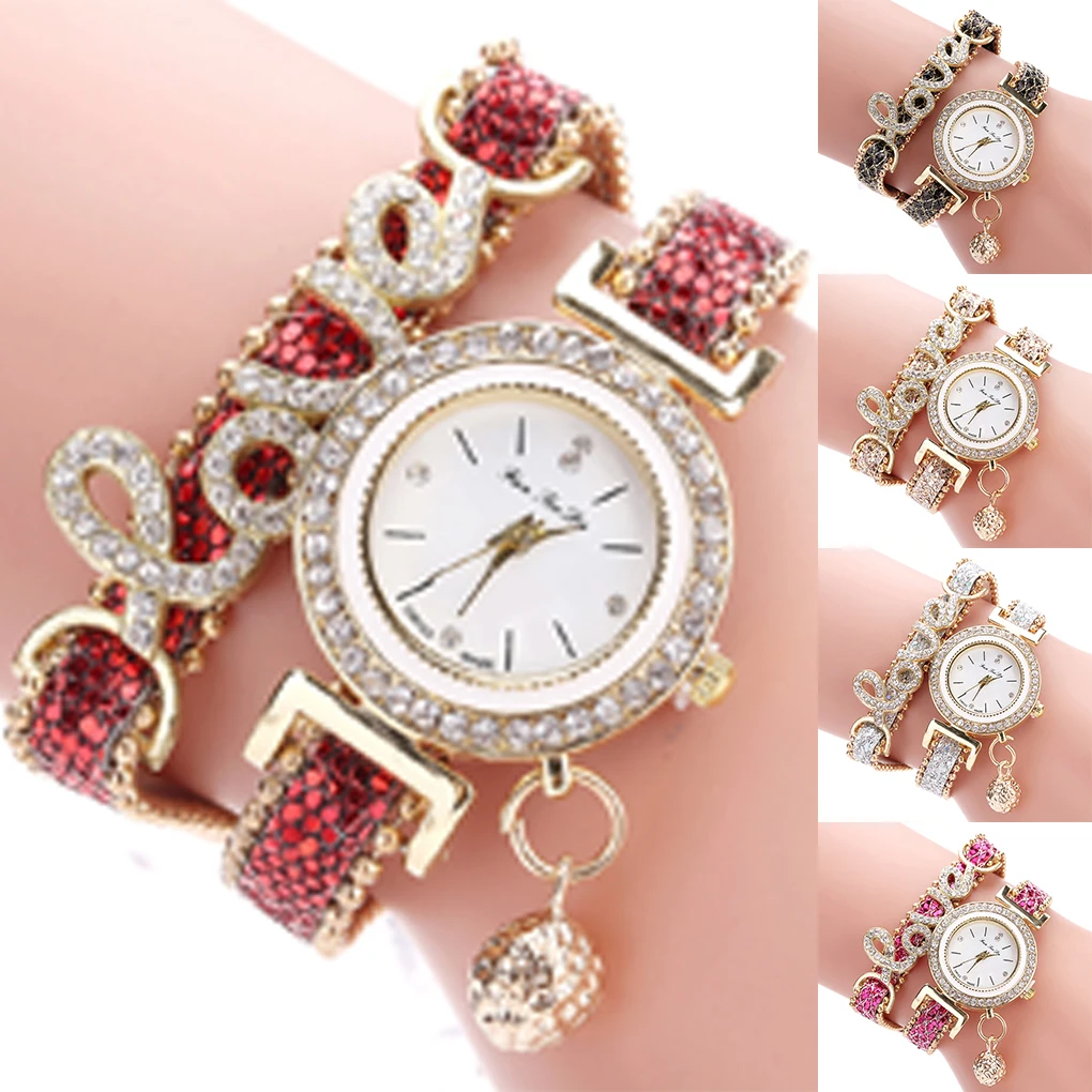 

Love Letters Rhinestone Decor Watchband Women Girl Watch Bracelet Quartz Round Watches Wristwatch