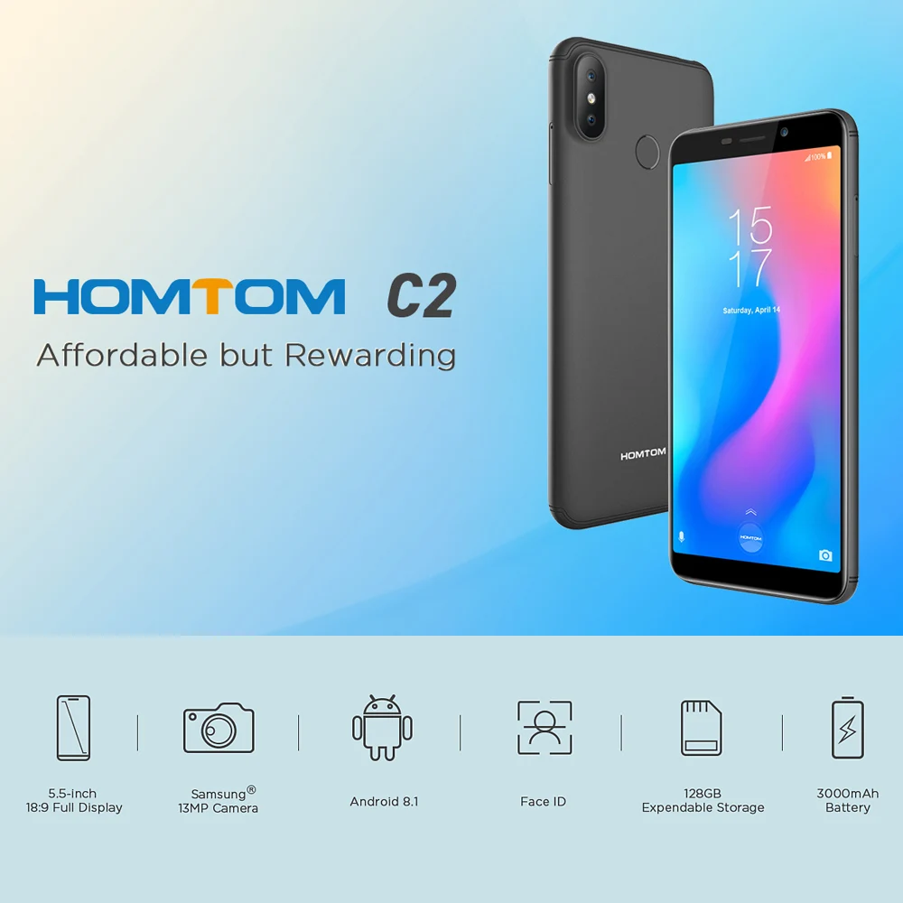 HOMTOM C2, 4G, 5,5 дюйма, 2 ГБ, 16 ГБ, Android 8,1, 13 МП, две камеры заднего вида, 3000 мАч, 18:9 Безель, мобильные телефоны, смартфон с функцией распознавания лица