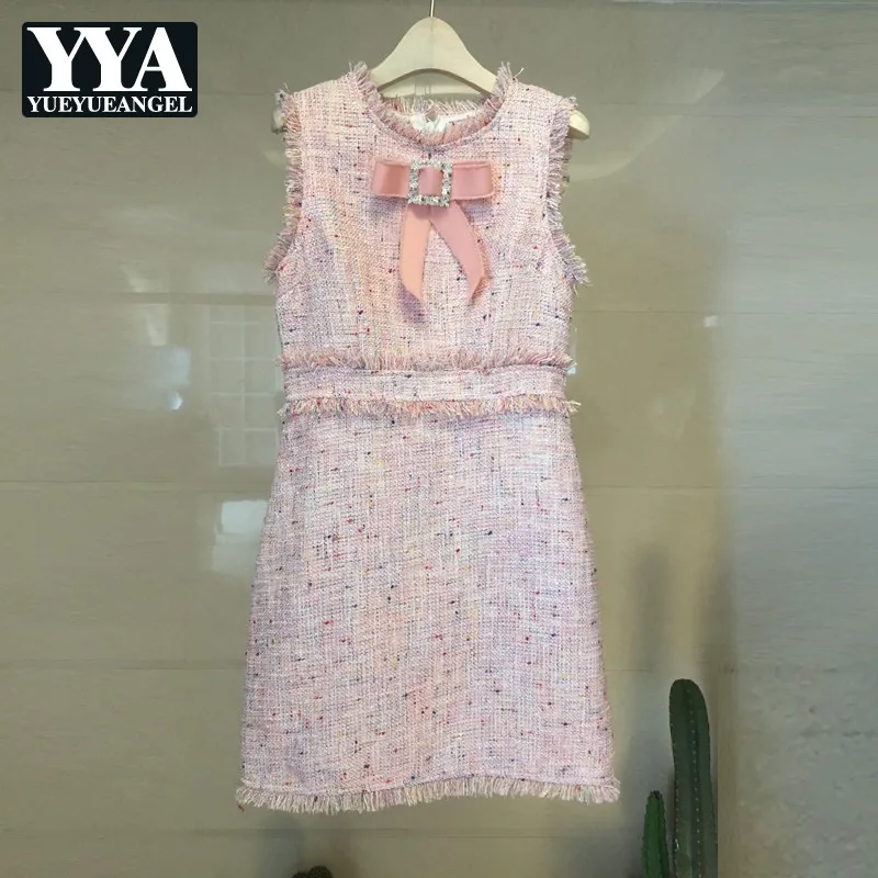 Spring New Ladies Diamonds Bow Tassel Tweed Vests Dresses Sleeveless O-Neck Slim Fit Party Dresses Womens Short A-Line Dresses