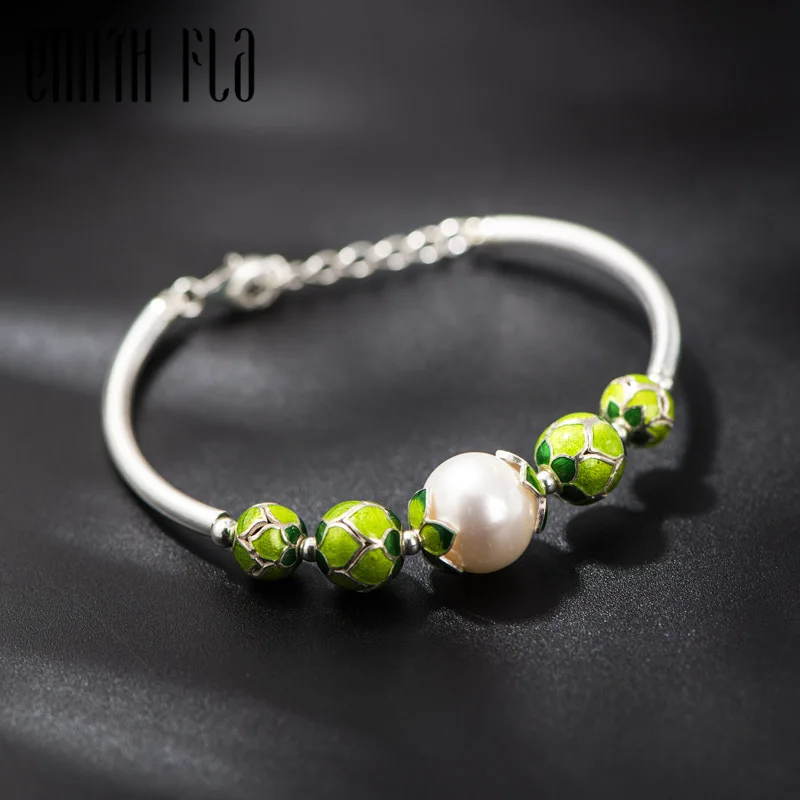 

925 Sterling Silver Chinese Style Original Bangle Female Pearl Cloisonne Bracelet Fashion Jewelry for Women Bracelets Resize