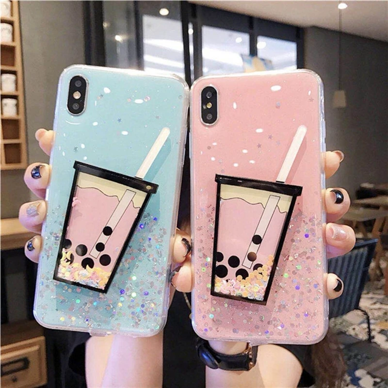 

Fashion Jelly Color Glitter Phone Case For iPhone X XR XS Max 3D Milk Tea Summer Pattern Case For iPhone6 6S 7 8 Plus Cover Etui