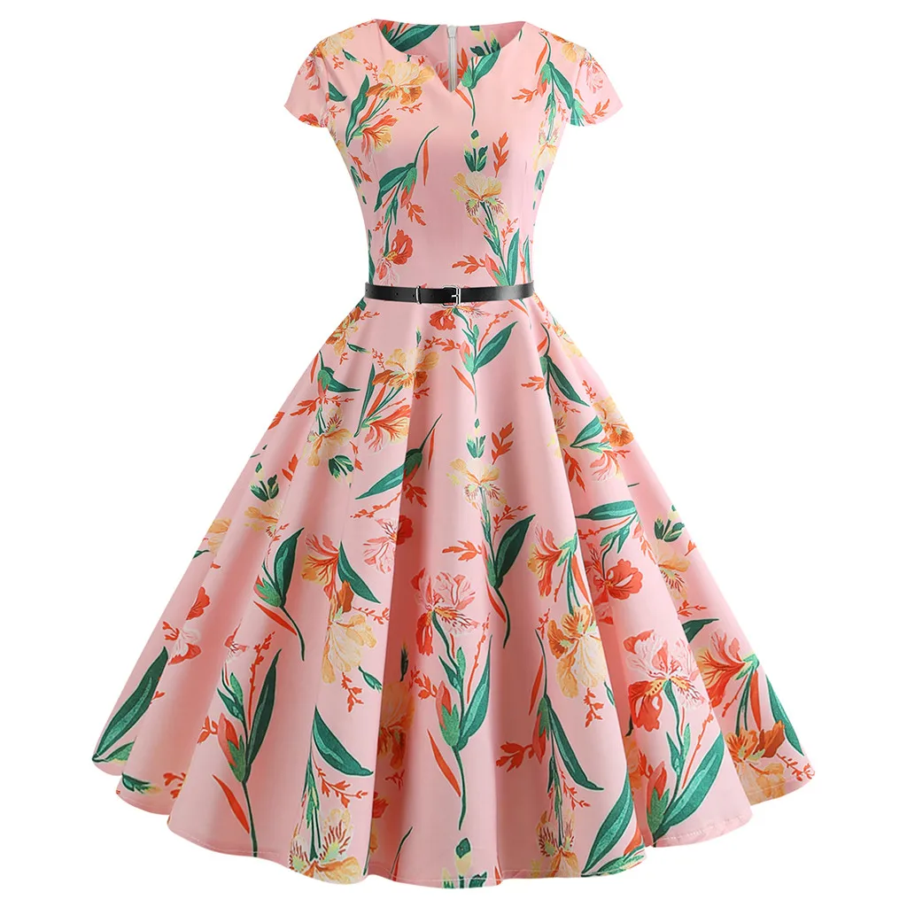 

JAYCOSIN 2019 New Summer Women Dress Vintage 1950s Retro Short Sleeve V-Neck Sashes Printing Party Prom Swing Sundress 9031933
