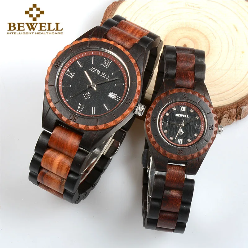 

BEWELL Wood Wrist Watch for Lovers/Couples Luxury Wrist Analog Quartz Waterproof Business Casual Calendar Date Window Gift 128A
