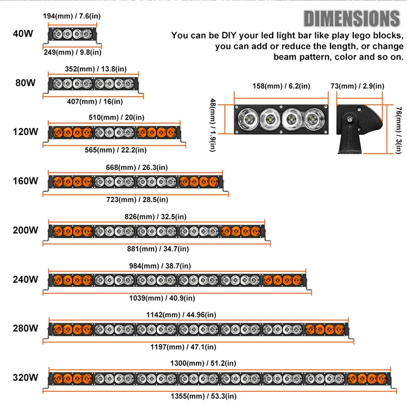 Online Unidades modulares de 7,5 pulgadas 40W Barra de luz Led de una fila de costura Led luz de trabajo ámbar blanco Punto de inundación Combo 4300K 6500K coche reajuste