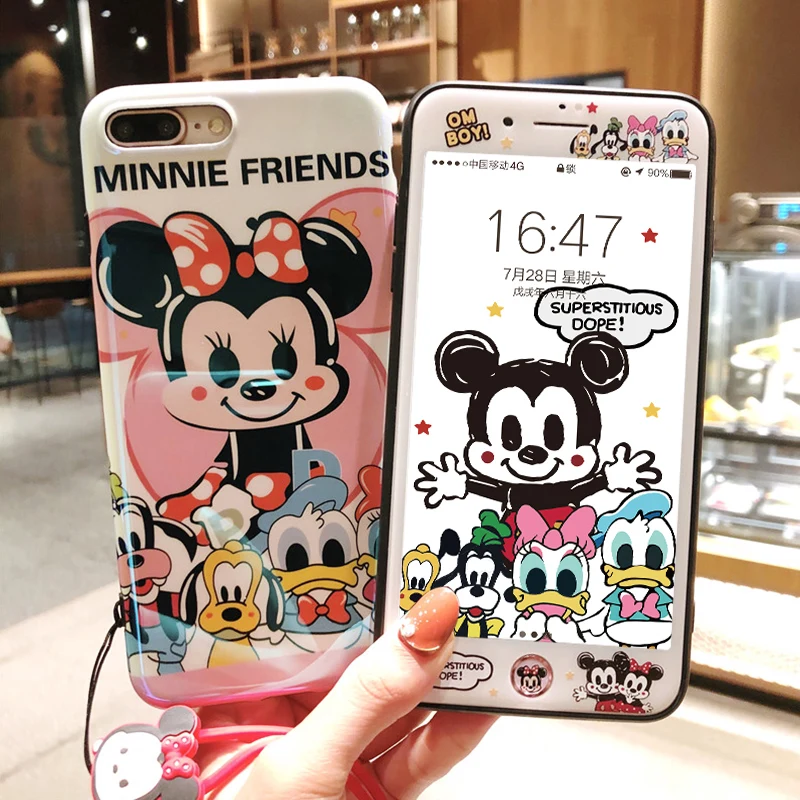 Minnie case For iPhone 8/7 plus & tempered glass color film for iPhone 6 6s plus cute Mickey phone cover couple gifts+ strap