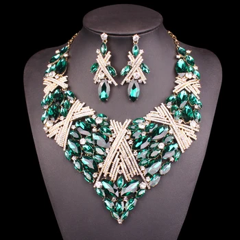 

Fashion Indian big Jewellery Crystal Necklace Earrings set Bridal Jewelry Sets for Brides Wedding Costume Accessories Decoration