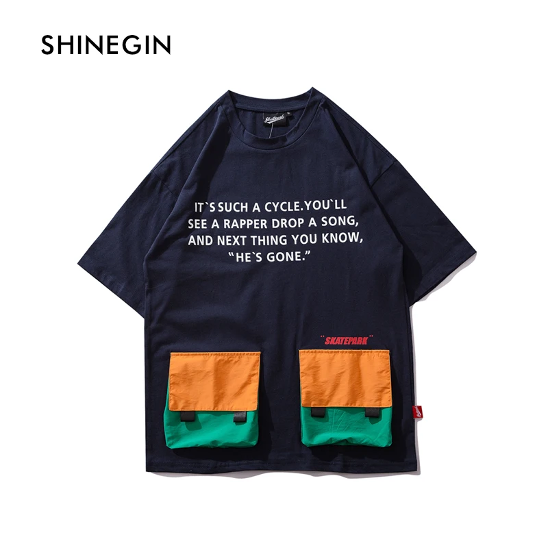 

SHINEGIN Colourful pocket design loose t shirt men hip hop tshirt 2019 men style t shirt harajuku fashion tee shirt top tee 308S