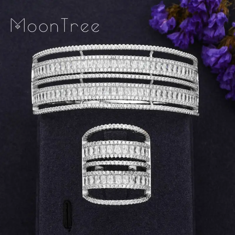 

MoonTree Delicate Luxury Lines Wide Bangle Ring Set Two Layers Copper Rhinestones Jewelry Sets Women Bridal Wedding Bijoux